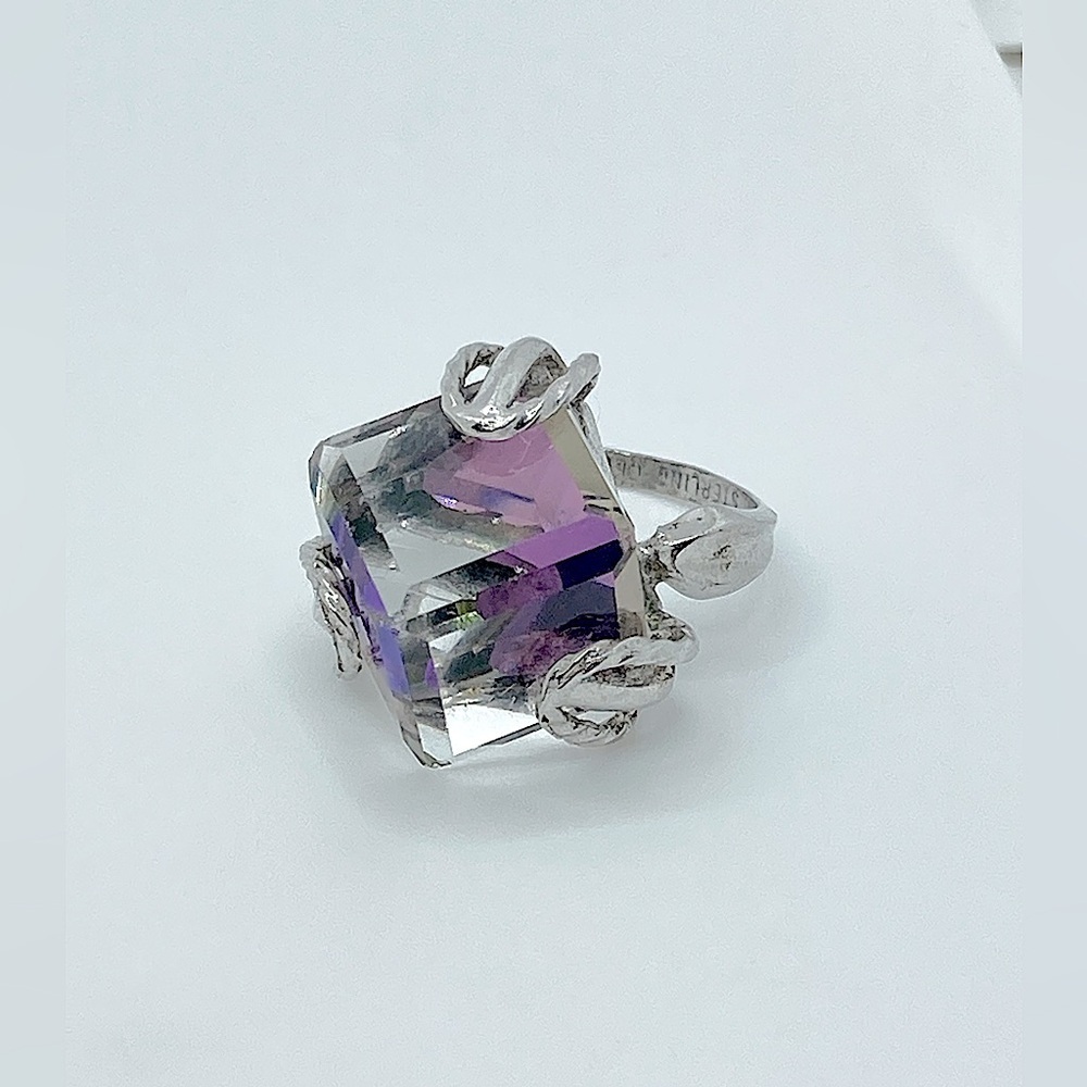 Vtg Celebrity Sterling Silver Square Purple Clear Glass Statement Ring Sz 6.5